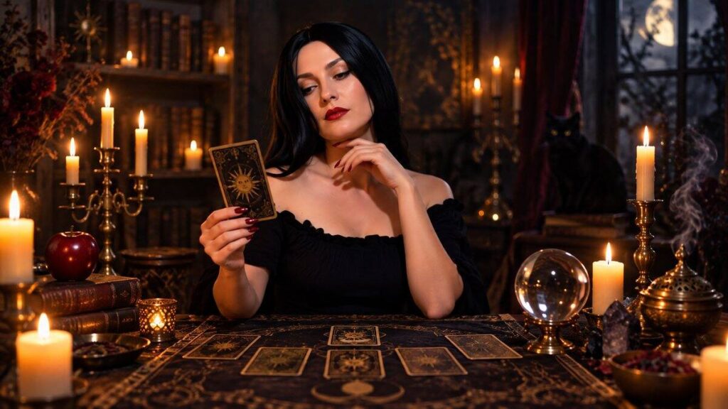 Irina at a candlelit tarot table with cards and a red apple