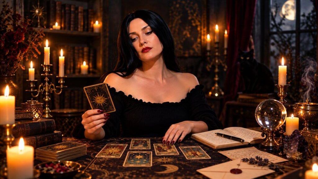 Irina performing a personal tarot reading at a candlelit table