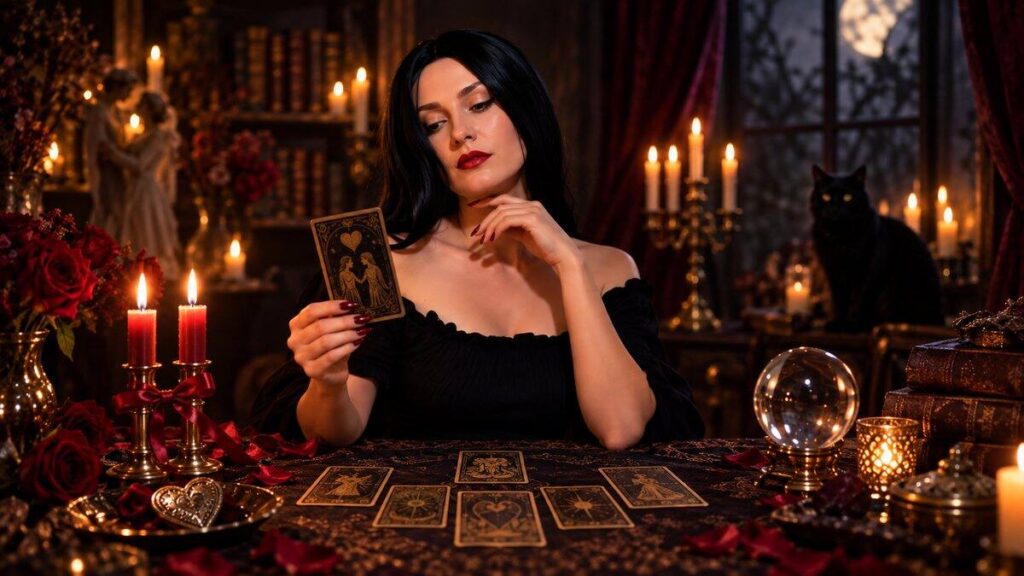 Irina with tarot cards, candles and roses for a relationship reading